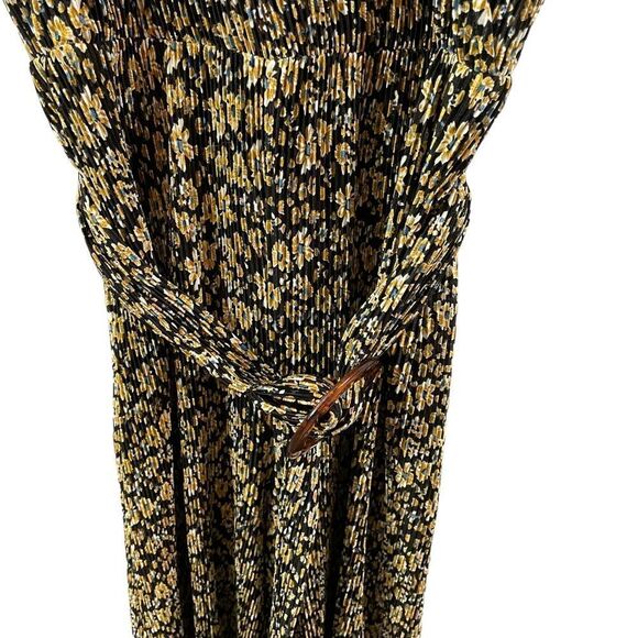 ZARA Black & Marigold Yellow Tan Floral Printed Crinkle Wide Leg Belted Jumpsuit - Picture 7 of 11